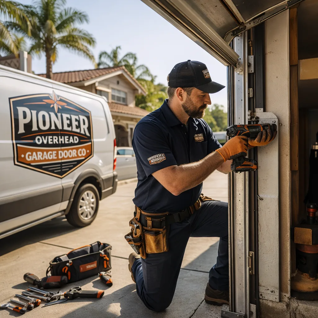 Uniformed Pioneer Overhead technician repairing an open residential garage door in a sunny Orange County driveway