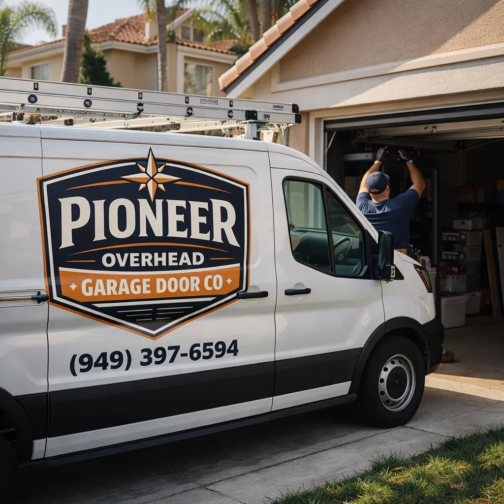 Pioneer Overhead Garage Door Co service van parked outside an Orange County home during a garage door service